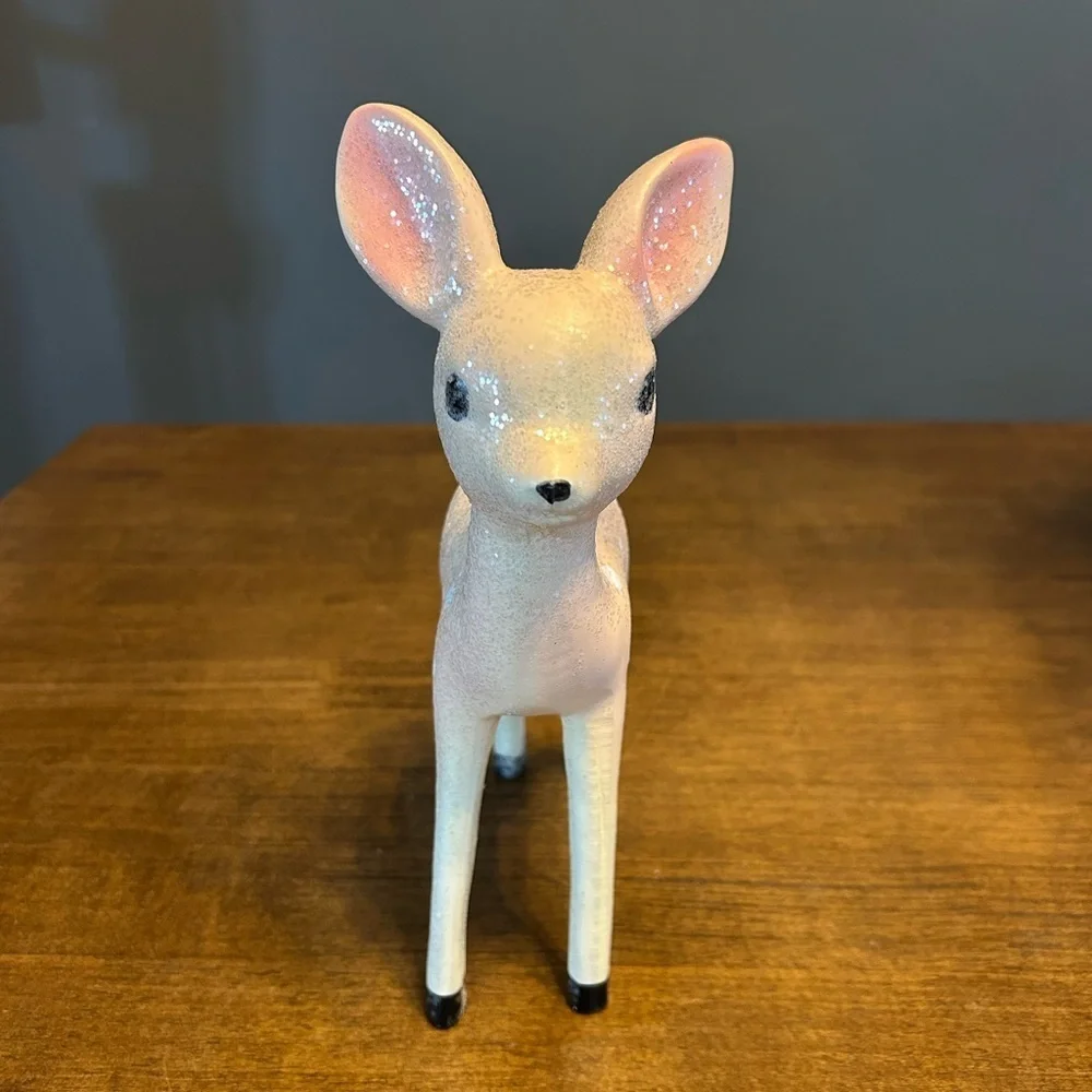 Holiday Vintage Glitter Deer Fawn Christmas Figurine Pastel Pink